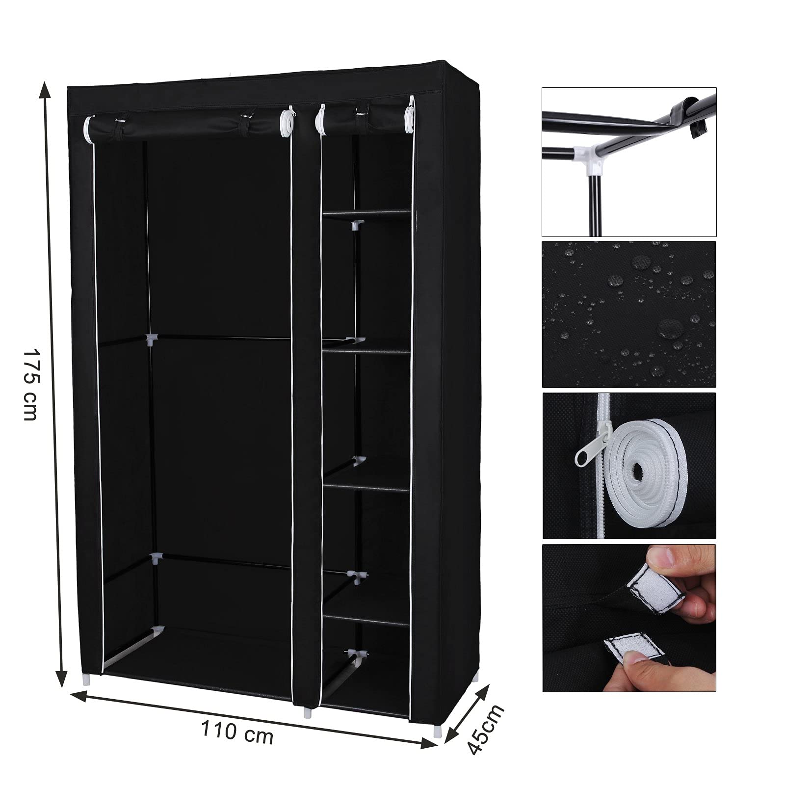SONGMICS Stoffschrank, XL, Kleiderschrank, Faltschrank, Campingschrank mit Kleiderstange, 110 x 175 x 45 cm, schwarz, LSF007 5