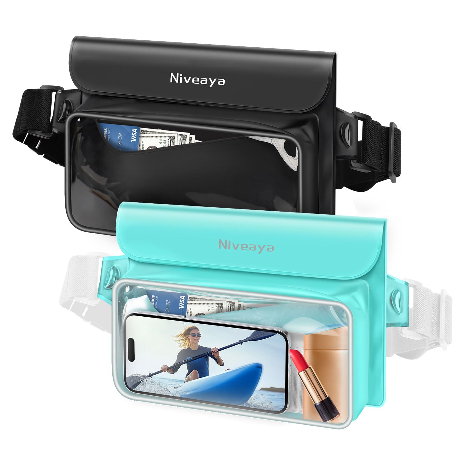 Photo 1 of Niveaya IP68 Waterproof Fanny Pack - 2 Pack, Floating Dry Bag Pouch, Phone Waterproof Waist Pouch Dry Bag, Beach, Kayaking, Swimming, Boat Essentials, for iPhone 16/15/14/13/12 Pro Max up to 9.5"