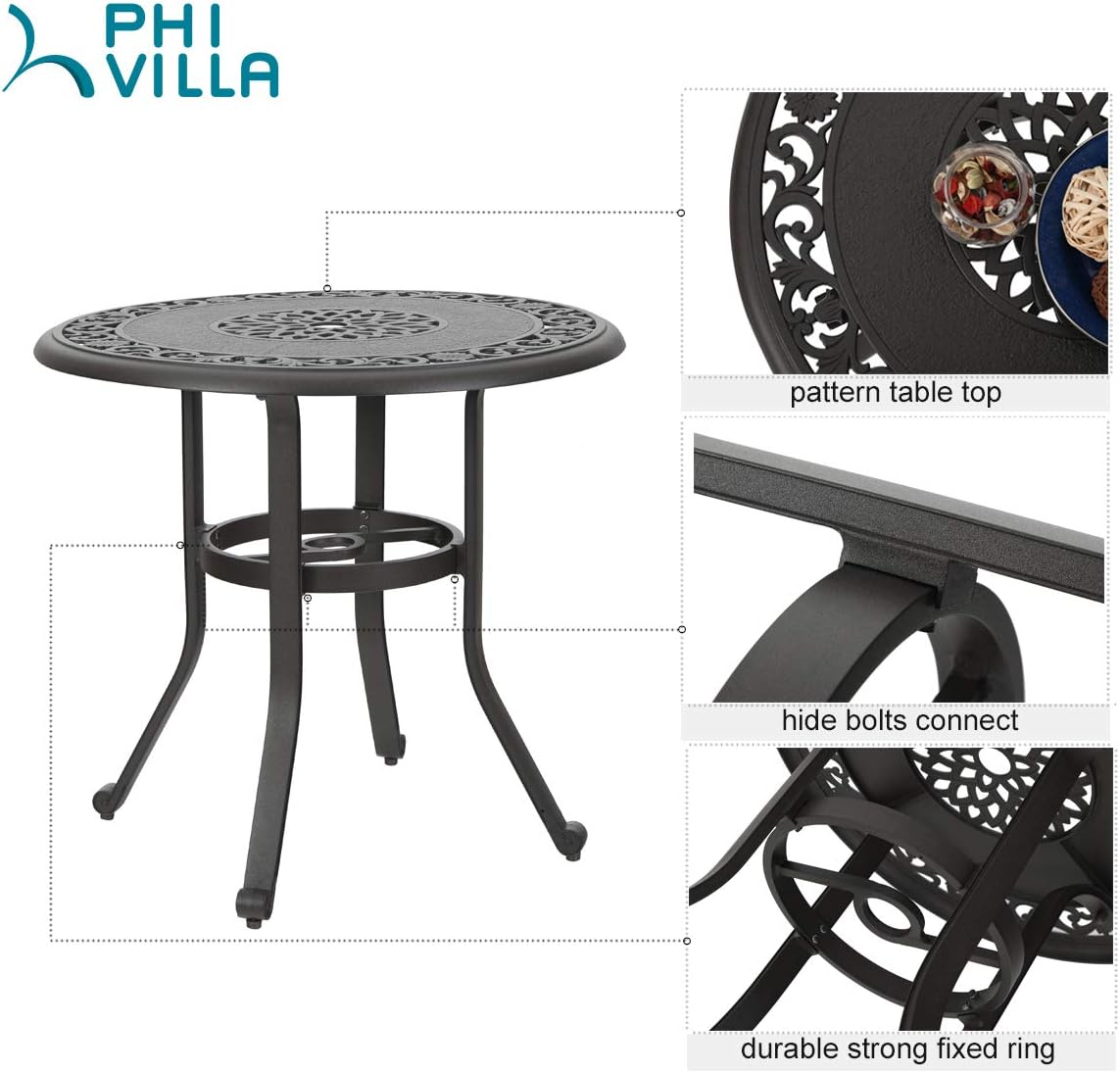 PHI VILLA 32 in Cast Aluminum Patio Outdoor Bistro Round Dining Table with Frosted Surface: Kitchen & Dining