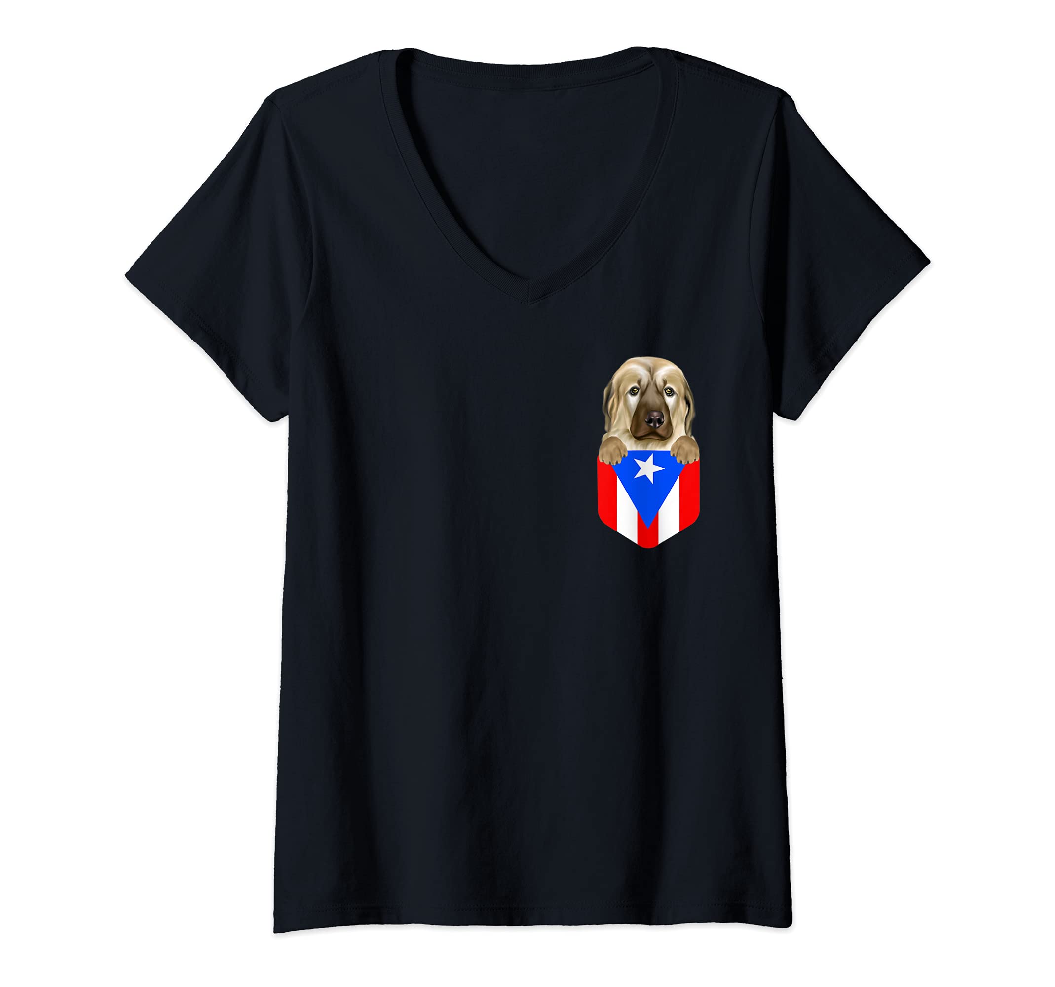 Womens Puerto Rico Flag Anatolian Shepherd Dog Dog In Pocket V-Neck T-Shirt