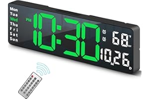 ABOVSARE Digital Clock, Digital Wall Clock for Living Room Decor, Desk Alarm Clock for Bedroom, Large Wall Clock with Remote Control, Automatic Brightness Dimmer LED Clock with Date Temperature Week (Green-B)