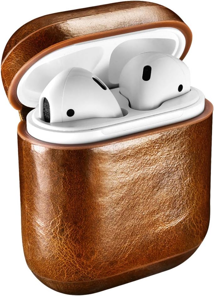 AirPods Case, ICARERCASE Genuine Leather Protective Cover Case for Apple AirPods 1 & 2 Charging Case [Front LED Not Visible] [Support Wireless Charging] - Brown