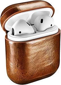 AirPods Case, ICARERCASE Genuine Leather Protective Cover Case for Apple AirPods 1 & 2 Charging Case [Front LED Not Visible] [Support Wireless Charging] - Brown