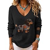 Women's Autumn Dog Art Print V-Neck Ribbed Top Dachshund Graphic Sweatshirt