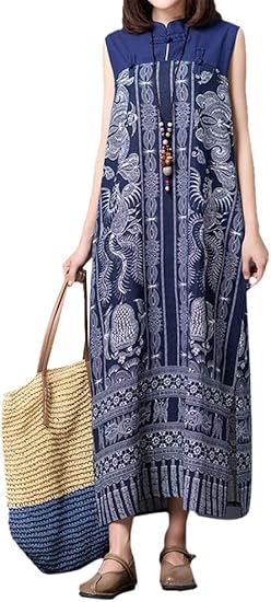 Amazon Ksila ワンピース レディース ロングワンピース ノースリーブ 花柄 エスニック 綿 麻 ゆったり マキシワンピース 夏 チャイナ服 ドレス 可愛い リネンワンピース ワンピース チュニック 通販