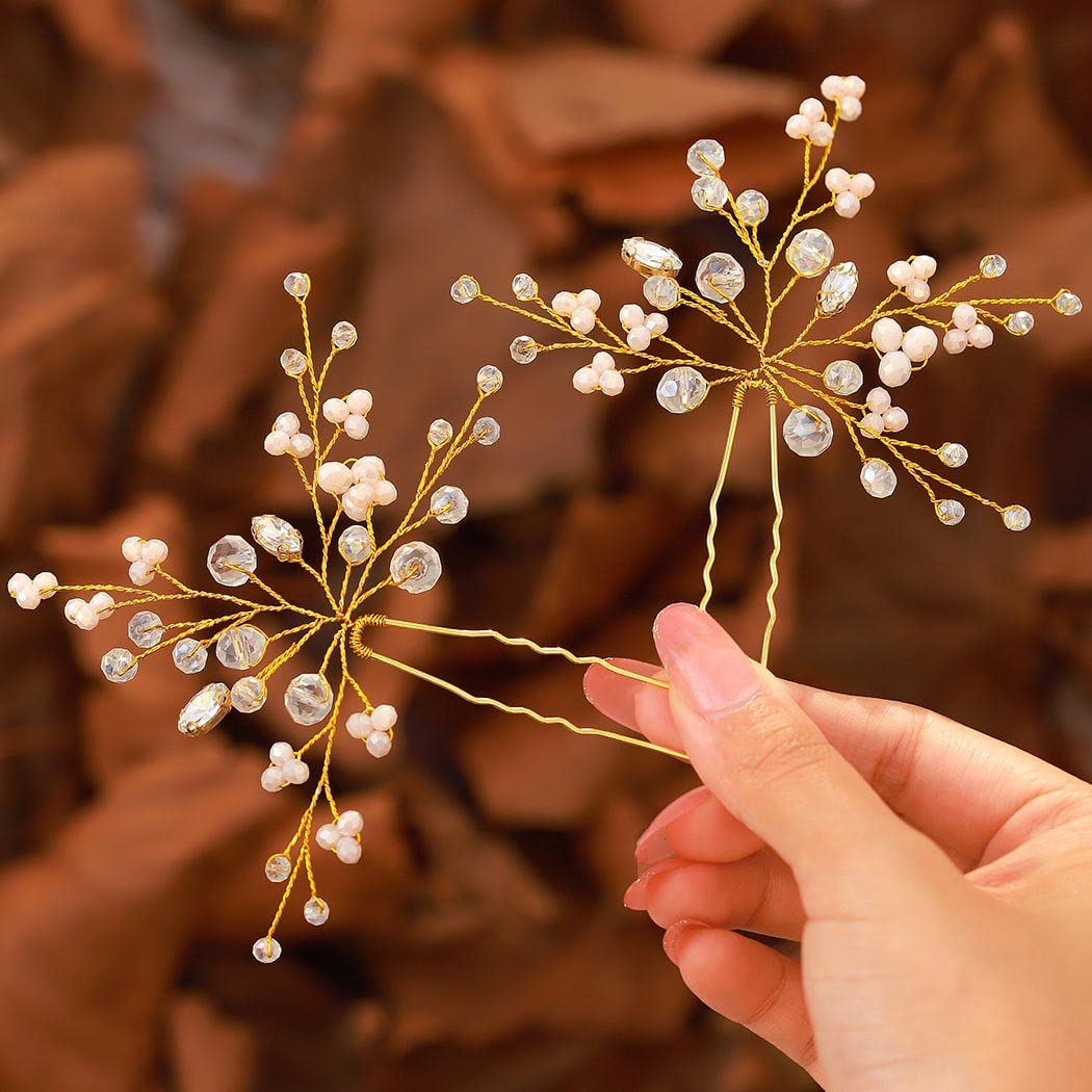 Fairvir Bridal Wedding Hair Pins Silver Flower Crystal Hairpin Pearl Bride Hair Accessories for Women and Girls(Pack of 2) (Gold)
