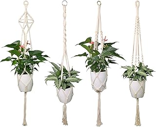 Luxbon 4er Set Makramee Blumenampel Baumwollseil Hängeampel Blumentopf Pflanzen Halter Aufhänger für Innen Außen Decken Balkone Wanddekoration - 41 Zoll, 4 Beine