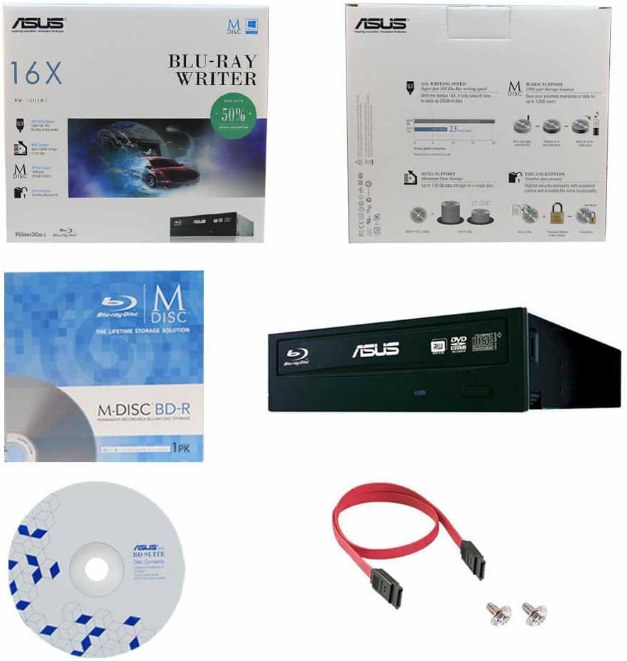 Megalynx ASUS BW-16D1HT 16X Blu-Ray BDXL M-DISC CD DVD Bluray Internal Burner Drive with FREE 1pk MDisc BD + BD Suite Software + Cable & Mounting Screws