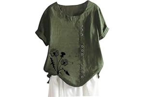 JEGULV Women Cotton Linen Tshirt Tops Casual Loose Fit Trendy Floral Printed Tunic Tees Short Sleeve Plus Size Button Blouses