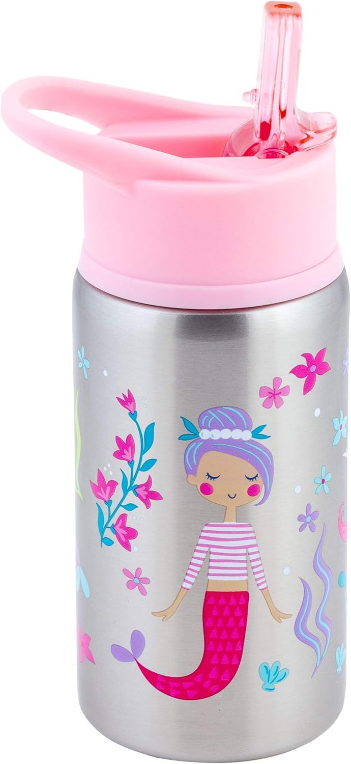 Stephen Joseph Stainless Steel Water Bottles, 18 OZ, Straw lid, Reusable Tumbler, Insulated, Mermaid