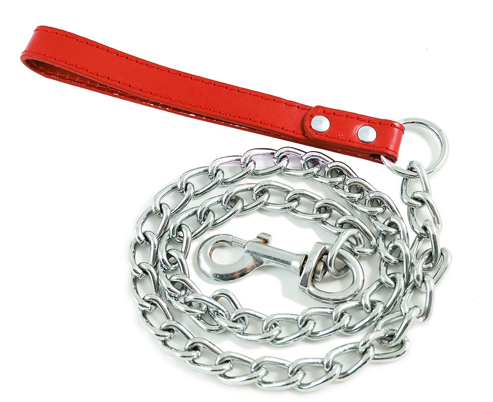 BPS® BPS-2763RJ Pet Dog Metal Chain with Handle Control Dog Walker Strap with Leather Cuff and Chain 4 Colours 3 Sizes to Choose from (3 mm x 100 cm, Red)