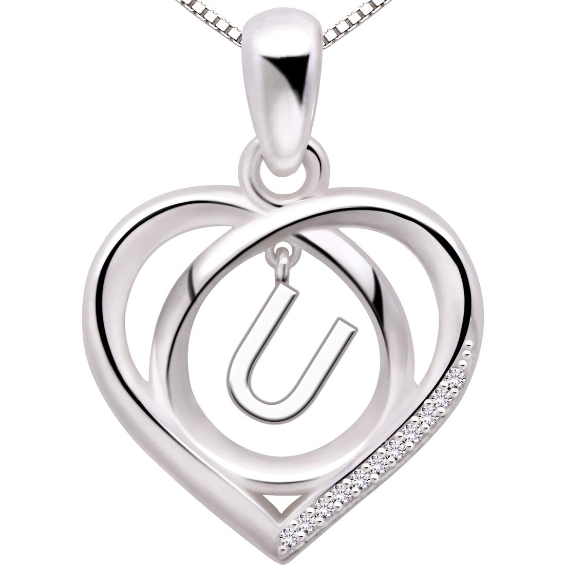 ALOV Jewelry Sterling Silver Initial Letter Alphabet Love Heart Cubic Zirconia Pendant Necklace (U)
