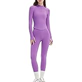 SUUKSESS Workout Sets for Women 2 Piece Seamless Long Sleeve Yoga Outfits Active Leggings Half Zippy Jacket Gym Set