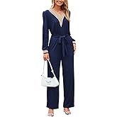 Happy Sailed Womens Jumpsuits Dressy Fashion Lace V Neck Long Sleeve Wide Leg Pants Romper with Belt