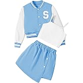 Verdusa Girl's 3 Piece Preppy Outfits Letter Graphic Bomber Jacket and Cami Top with Skirt Clothing Sets