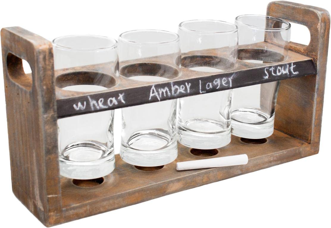 Vin Bouquet FIA 256 Beer Tasting Set with wood board and 4 glasses. Includes chalk marker.