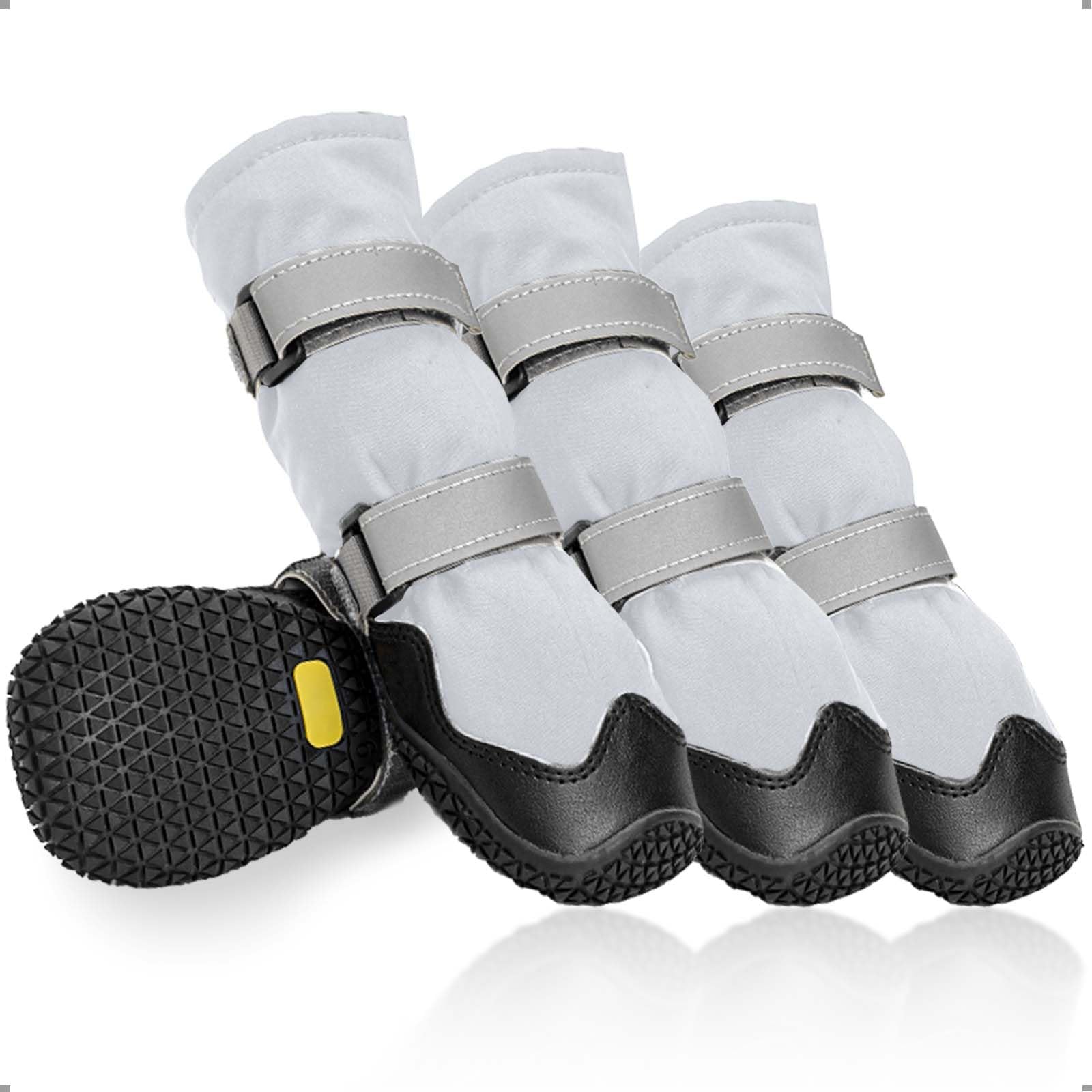 Anti-Slip Dog Shoes with Reflective Straps, High Dog Boots Waterproof, Wear-resistant Leather Rubber Sole Dogs Paw Protector for Small Medium Large Dogs 4 Pcs(L, Grey)