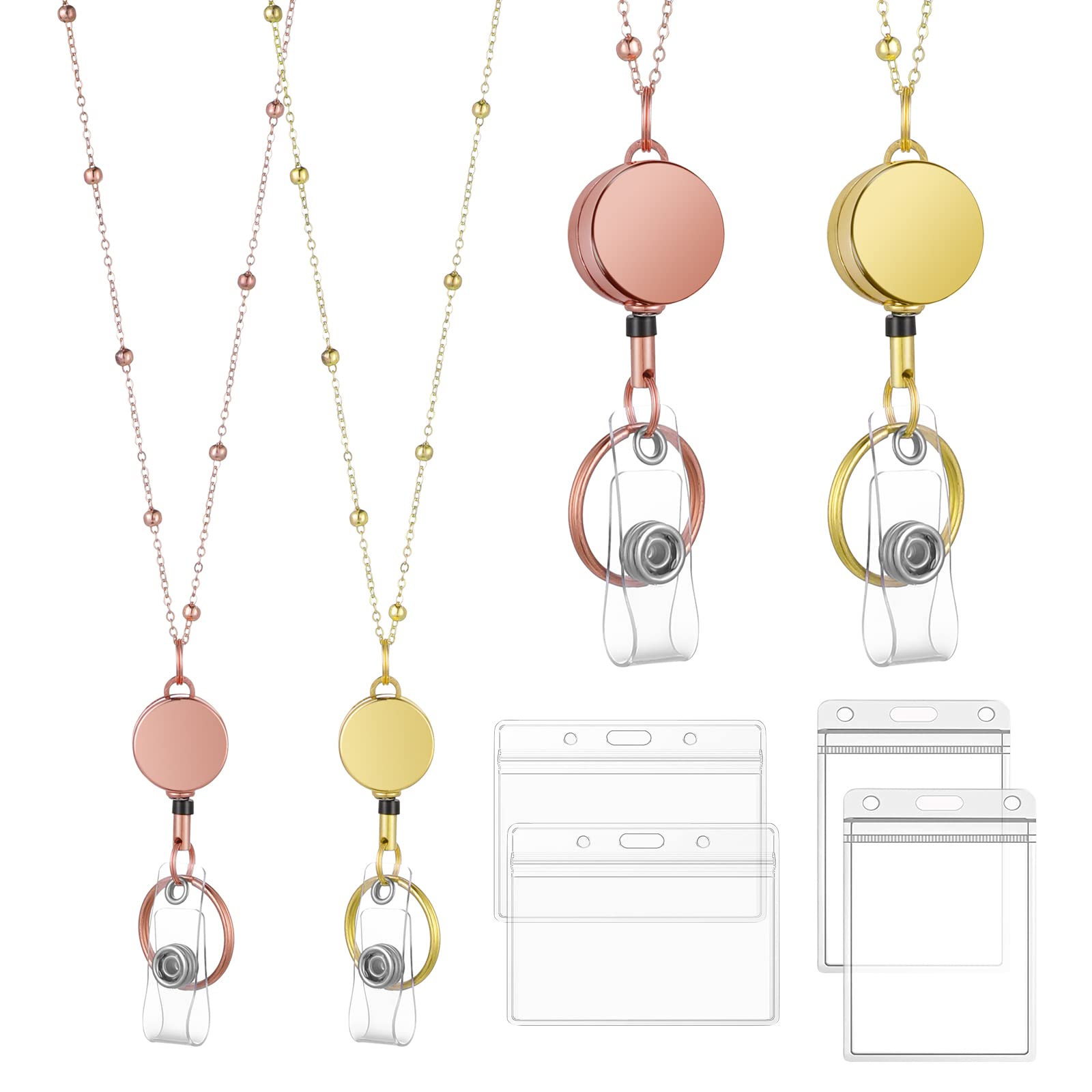 6 Pcs/Set Retractable Badge Reel Lanyard with ID Holder, Stainless Steel Necklace with Transparent ID Card Holder and Keychain, Badge Holders for Women Teachers, Nurses, Students