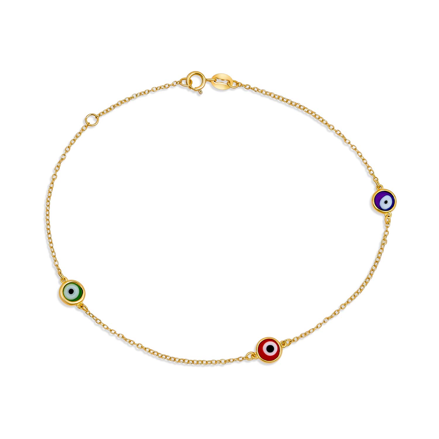 Bling Jewelry Minimalist Delicate 14K Gold Plated Evil Eye Anklet With Adjustable Chain - Delicate Multi Color Bracelet For Women Teens, Minimalist Design, .925 Sterling Silver, 9-10 Inch Length