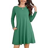 KORSIS Women Long Sleeve Tops T-Shirt Dresses Round Neck Casual A-Line Loose Swing Vocation Fall Winter Dress with Pockets