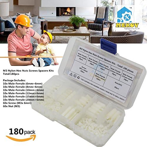Mekov, 180 pieces M3 Nylon Male Female Hex Utility Spacer Standoff Screw Nut Assortment Kit, Prototyping Accessories For PCB, Quadcopter Drone, Computer &amp; Circuit Board (White)