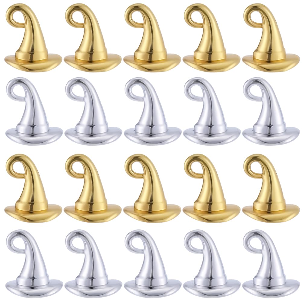SUNNYCLUE 1 Box 60Pcs Wizard Hat Charms Bulk Witch Hats Charm 3D Alloy Gold Silver Western Halloween Magic Energy Charm for jewellery Making Charms DIY Craft Necklace Bracelet Earring Beginners Adults