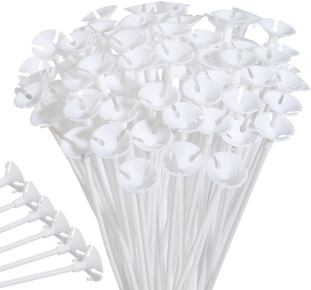 PP OPOUNT 100 Pieces White Plastic Balloon Sticks Holders and Cups for Party and Wedding Decoration