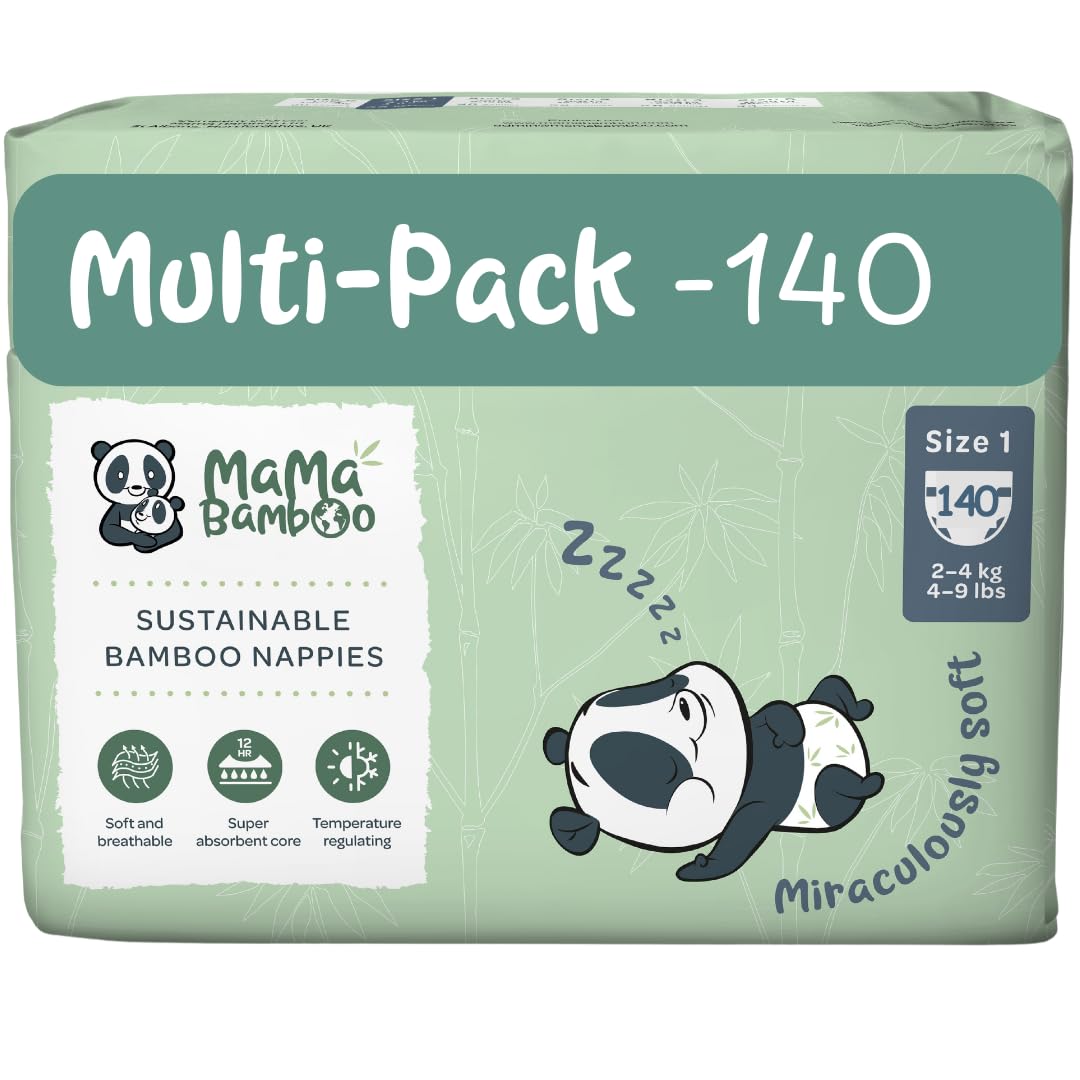 Mama Bamboo Soft, Breathable, Sustainable Bamboo Nappies (Size 1 - Newborn Baby x 140 Nappies)