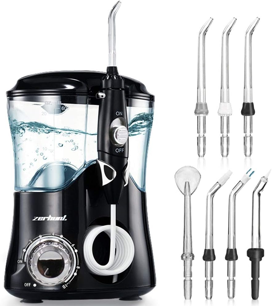 Dental Water Flosser Teeth Cleaner - Zerhunt High Frequency Pulsed Water Pick Electric Oral Irrigator with 7 Interchangeable Nozzles For Braces, Implants, Bridges,600ML Large Capacity Black