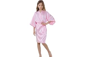 ALHAVONE Girl's Kid's Silky Satin Solid Color Short Kimono Robe for Wedding Birthday Party Spa