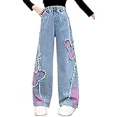 Flyswiner Girls Wide Leg Jeans Denim Elastic Wasit Baggy Ripped Distressed Pants
