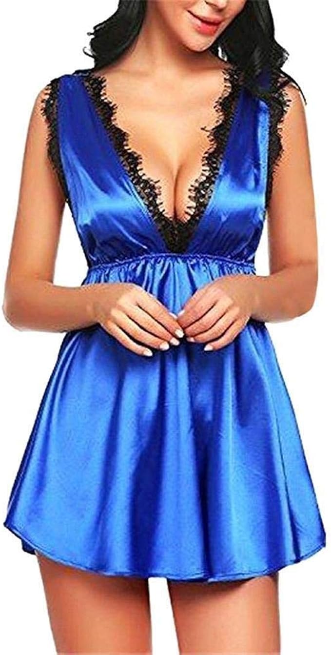 Alessioy Women's Satin Nightgown Babydoll Lingerie V Neck Straps Dress
