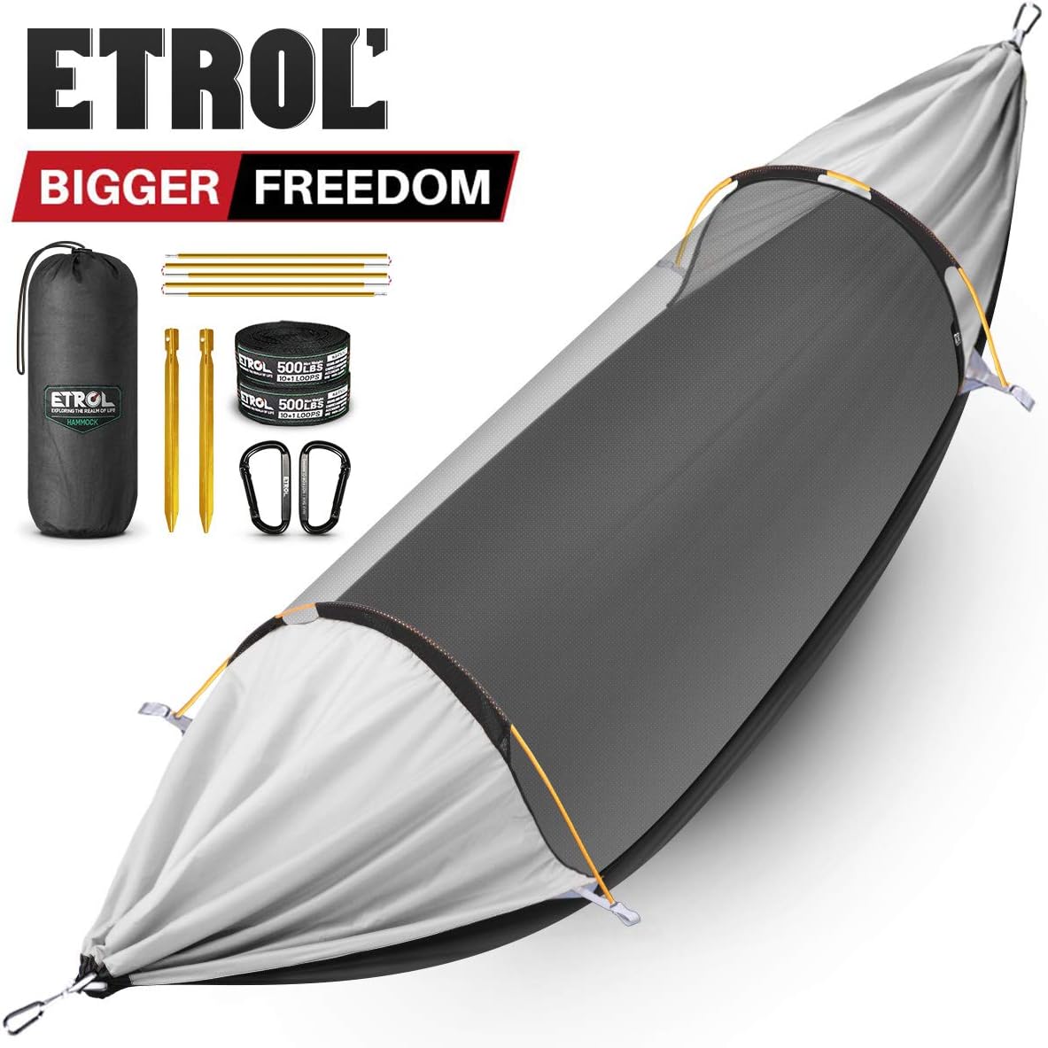 ETROL Hammock, Upgrade Double & Single Camping Hammock with Mosquito Net, Tree Straps, Carabiner, 3 in 1 Function Design Aluminium Parachute Portable Hammock for Indoor, Outdoor, Hiking, Patio, Travel