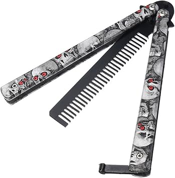 Amazon Maiyu バタフライナイフ コームトレーナー スカルパターン 金属製 練習用 鈍いバリソン ステンレススチール くすんだポケットナイフ トレーニング 鞘付き グレイ Maiyu スポーツ アウトドア