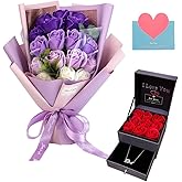 EIGHTOWN Roses Bouquet Fake Artificial Flower - Preserved Red Flowers with Love Necklace for Her - Unique Gifts Valentine's Day, Mother's Day, Thanksgiving, Birthday, Anniversary