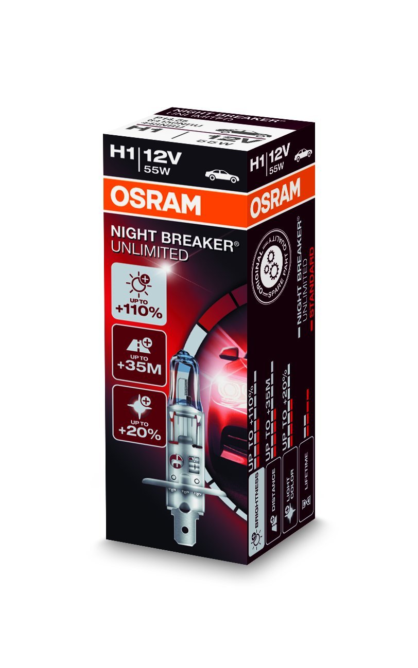 OSRAM NIGHT BREAKER UNLIMITED H1, halogen-headlamp bulb, 64150NBU, 12V, folding carton box (1 piece)