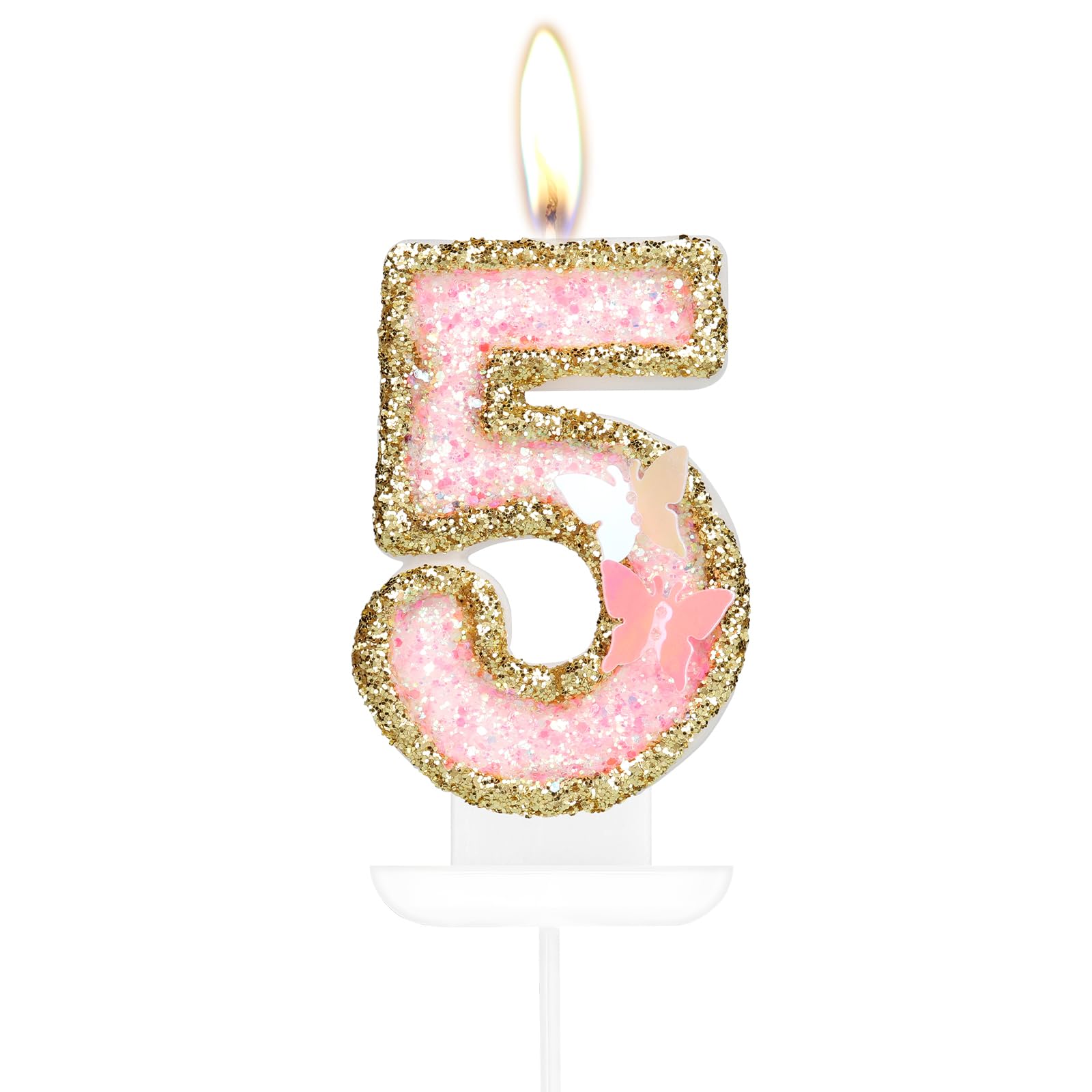 Photo 1 of iNINGER Birthday Candle,Butterfly 5th Birthday Party Decorations for Women/Girl,Gold Pink Birthday Number 5 Candle,2.75" Large Glitter Birthday Candles Wedding Cake Topper Anniversary Party Decor
