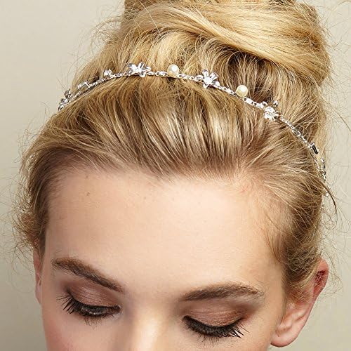 Pearl Chain Headband Crystal Hair Band Elasticated Headchain Flower Hair Accessory by QueenMee (Silver)