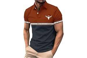 Men's Western Bull Print Shirts Color Block Collared Henley Short Sleeve Shirt Casual Summer Tops for Golf & Daily Wear