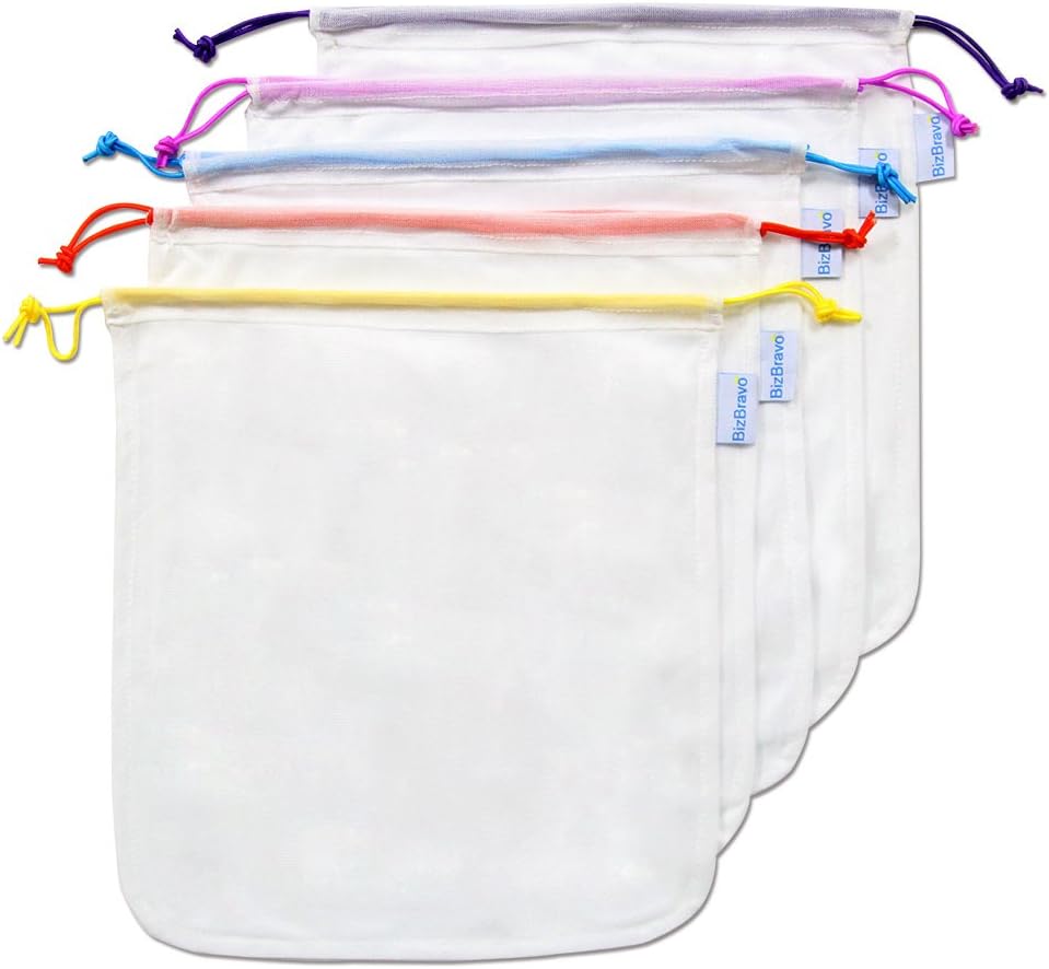 Bizbravo Reusable See-through Mesh Produce Bags for Grocery Shopping & Storage Machine Washable Grocery Set of 5 with 11.5x12 inch