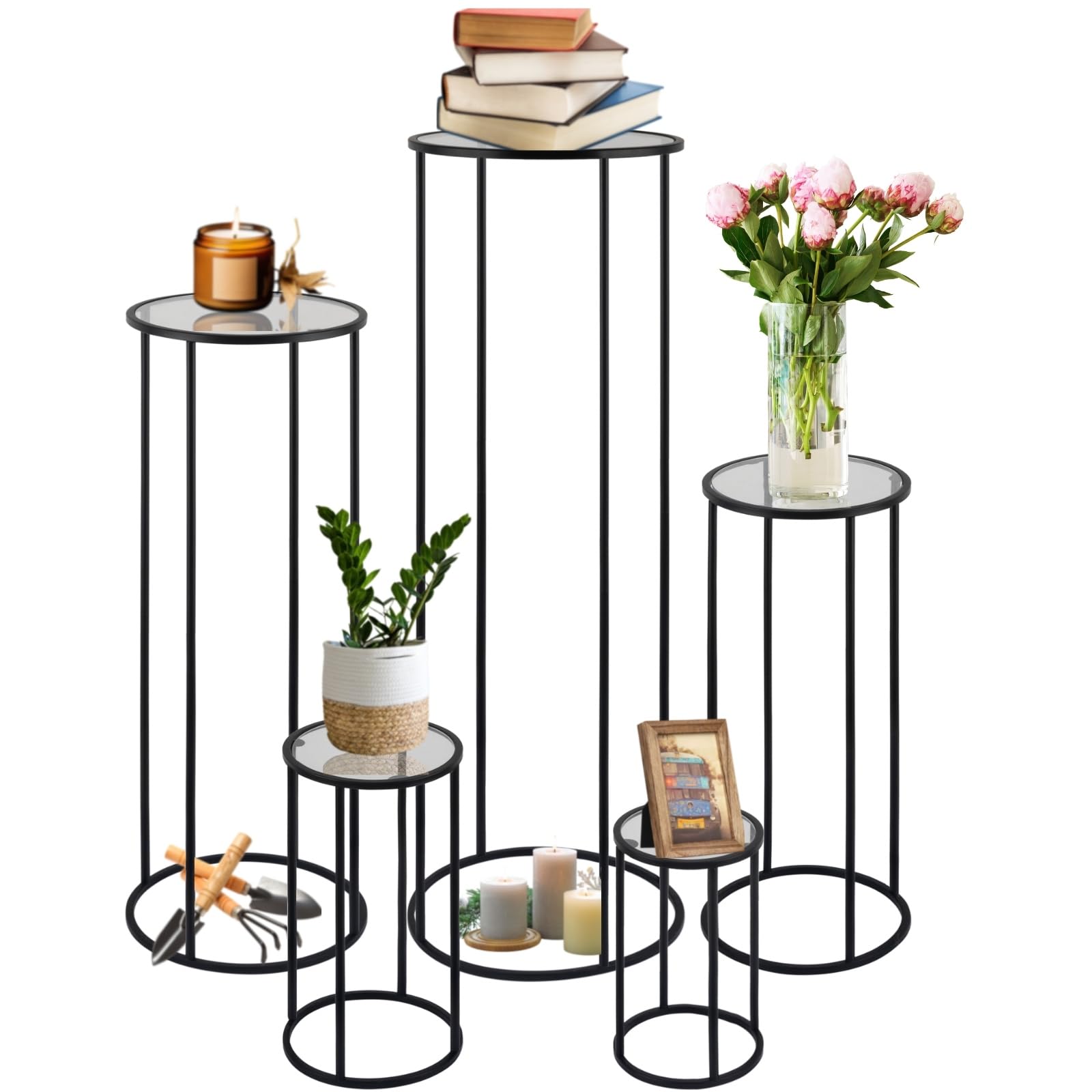 Photo 1 of Merrifete 5PCS Round Black Plant Stand Flower Stand for Party, Tall Metal Pedestal Stands for Display Decoration, Cake, Birthday, Wedding, Baby or Bridal Shower, Cylinder Column for Desserts