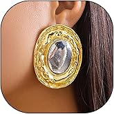 Two Tone Big Oval Statement Earrings for Women,Gold Chunky Hammered Botton DangleEarrings for Prom Party,Vintage Geometric Oval Dangling Earrings