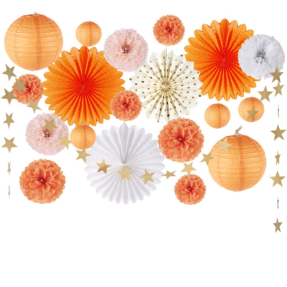 EASY JOY Orange Party Decoration Tissue Orange Paper Pom Poms for Women Hanging Paper Fans Lanterns Star String Hanging Garland for Wedding Baby Shower Birthday Party Supplies