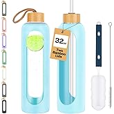 OxyFlask Glass Water Bottles 32 oz - Motivational Drinking Glass Water Bottle with Silicone Sleeve, Straw & 2 Bamboo Lids - 1 Liter Clear Borosilicate Daily Intake Tumbler with Time Marker - Blue