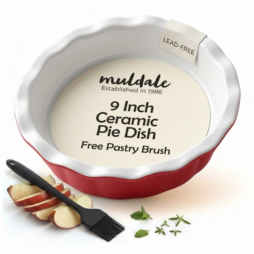 Muldale 9 Inch Ceramic Pie Dish - Deep Fluted Oven-Safe Baking Pan for Apple, Pumpkin, Steak Pies - Dishwasher Safe, Red