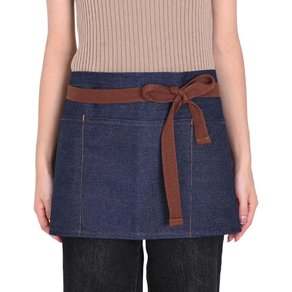 Denim Apron Waitress Waiter Waist Apron with 3 Pockets Adjustable Gardening Half Chef Aprons with Long Strap Tabard for Women Bistro Restaurant Work Cooking Aprons 23 * 11 In Kitchen Baking Tabard