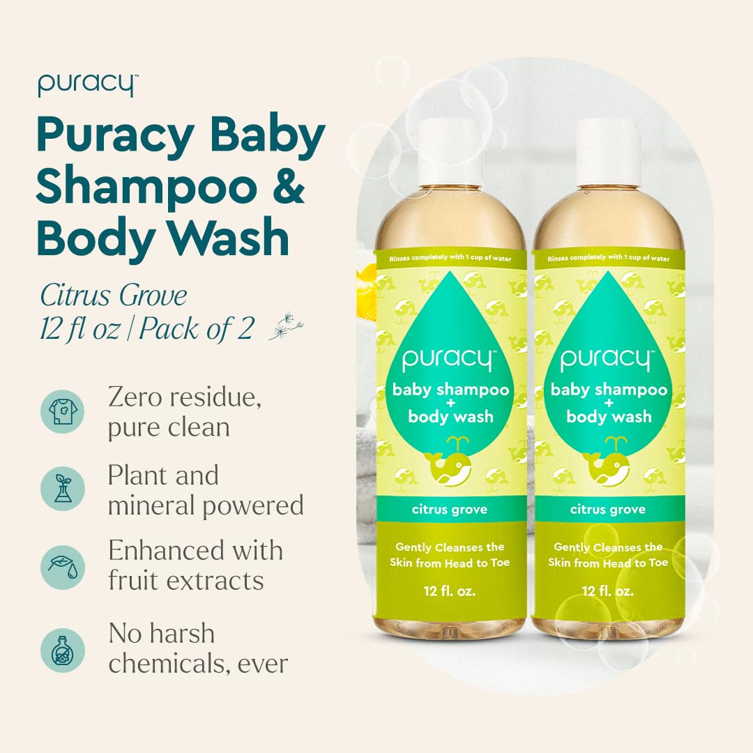 Puracy Shampoo & Body Wash for Children - Perfect Skin, Pure Ingredients with 12 Fruit & Vegetable Extracts for Silky Smooth Skin, Gentle Citrus Grove Aromas, 98.8% from Mother Nature, 12 Fl Oz (2-Pk)