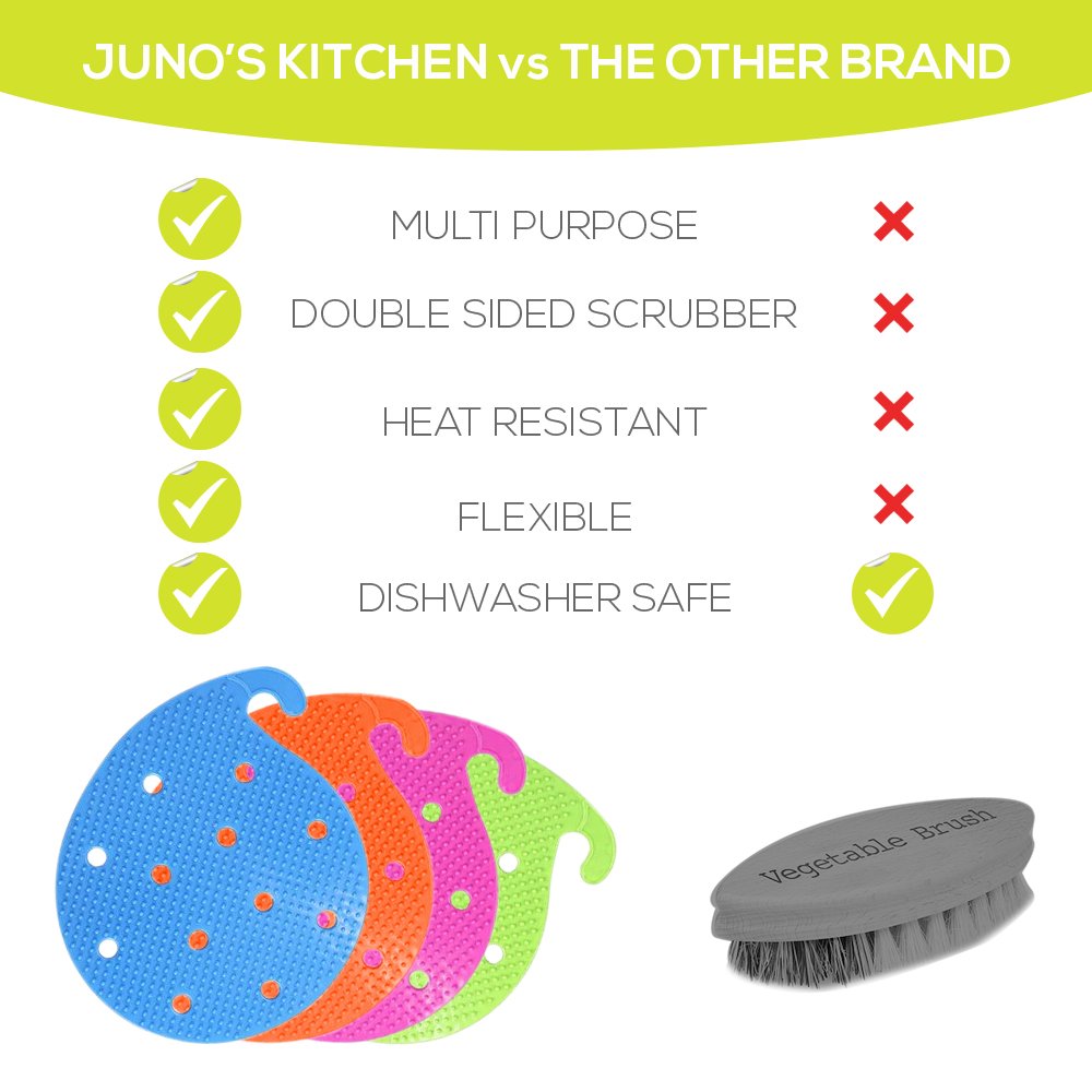 4 Vegetable Scrubber Brushes: Double Sided Silicone Fruit and Vegetable Scrubber - Multi Use: Potato Scrubber - Carrot Brush - Trivet - Jar Opener BBQ grill glove (4 random colors)