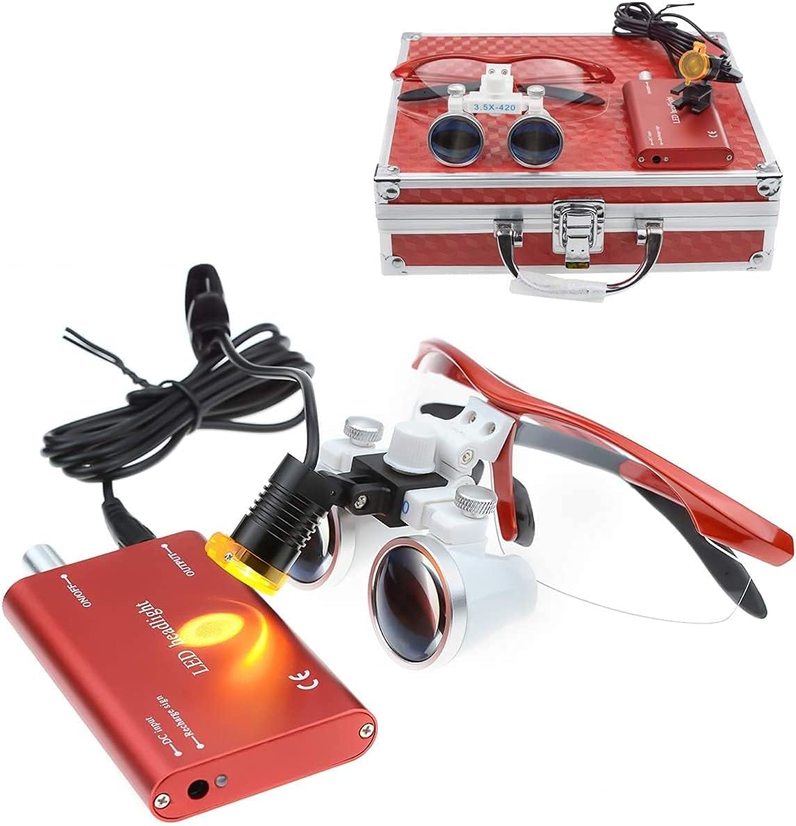 3.5×420mm Surgical Medical Binocular Loupes Optical Glasses with Filter 3W LED Headlight Lamp + Aluminum Box for Dental, Surgical, Jeweler, or Hobby | Adjustable Pupil Distance (Red)