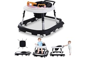 HONEIBABE Baby Walker Foldable with Music and Lights,Portable Baby Walker with Wheels,9 Adjustable Heights,Removable Tray&Footrest, Speed Adjustable,Infant Toddler Walker for Baby Boy Girls 6-18 Months (Black)